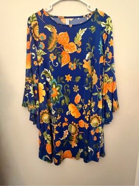 Emerald Royal Blue Long Bell Sleeve Floral Dress